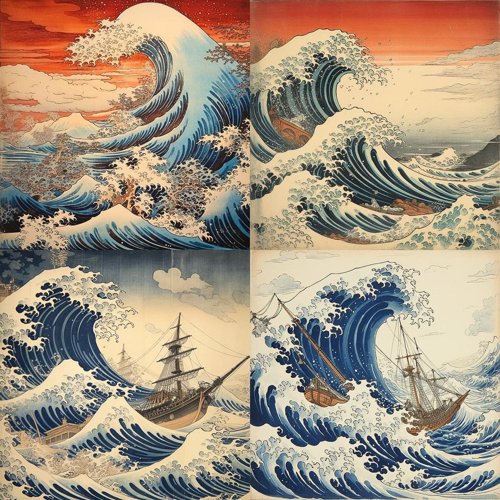 Katsushika Hokusai style, Midjourney V5.2, render 1 of 4