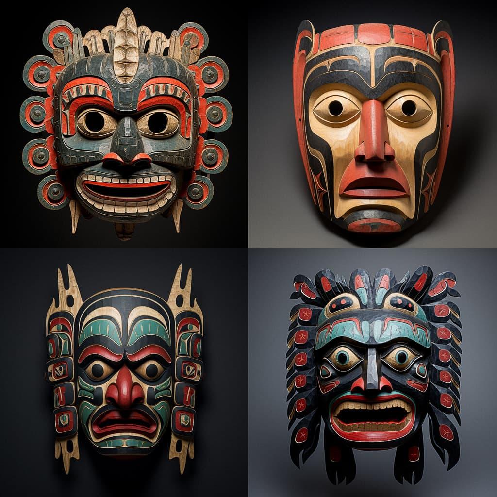 Kwakiutl mask style, Midjourney V5.2, render 1 of 4