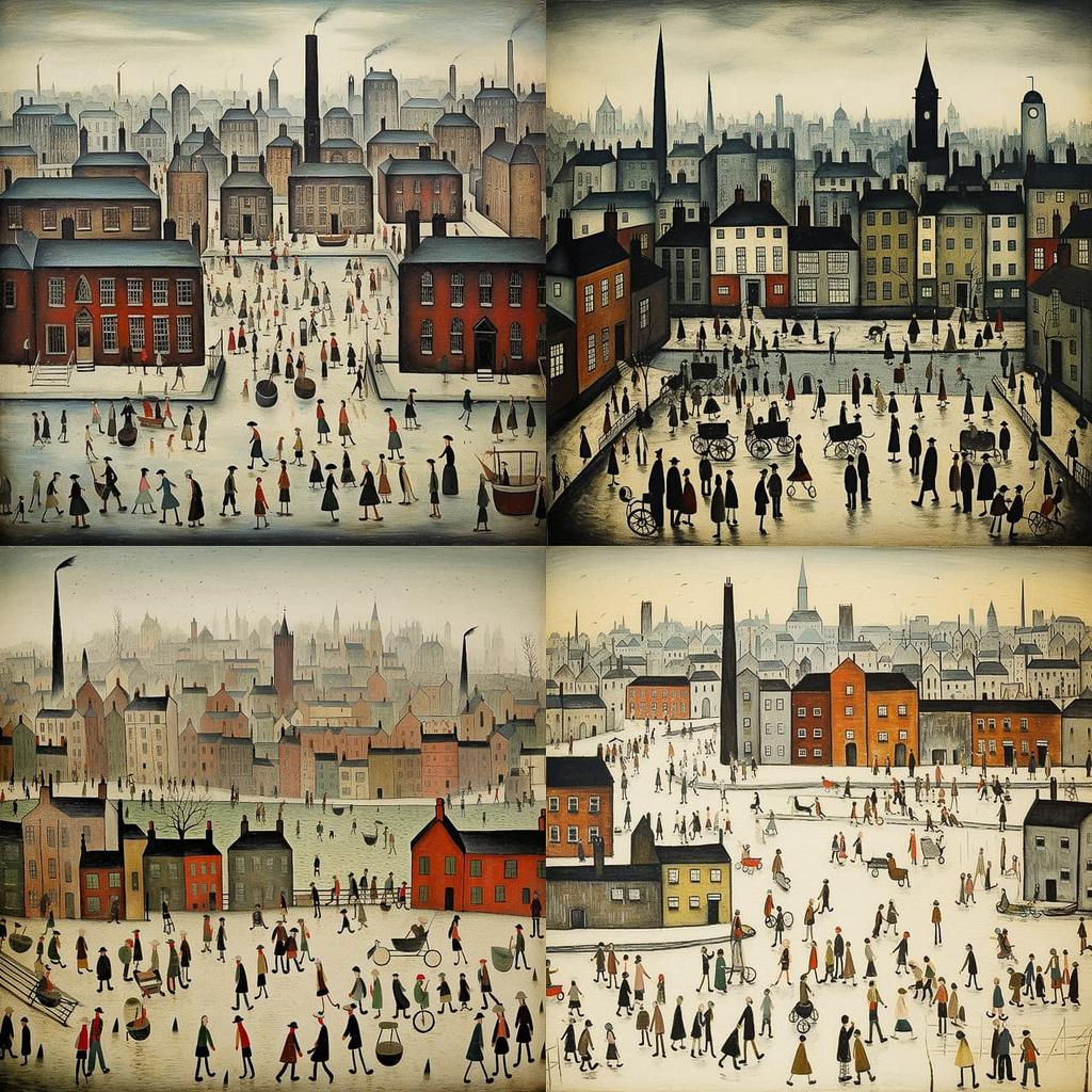 L. S. Lowry style, Midjourney V5.2, render 1 of 4