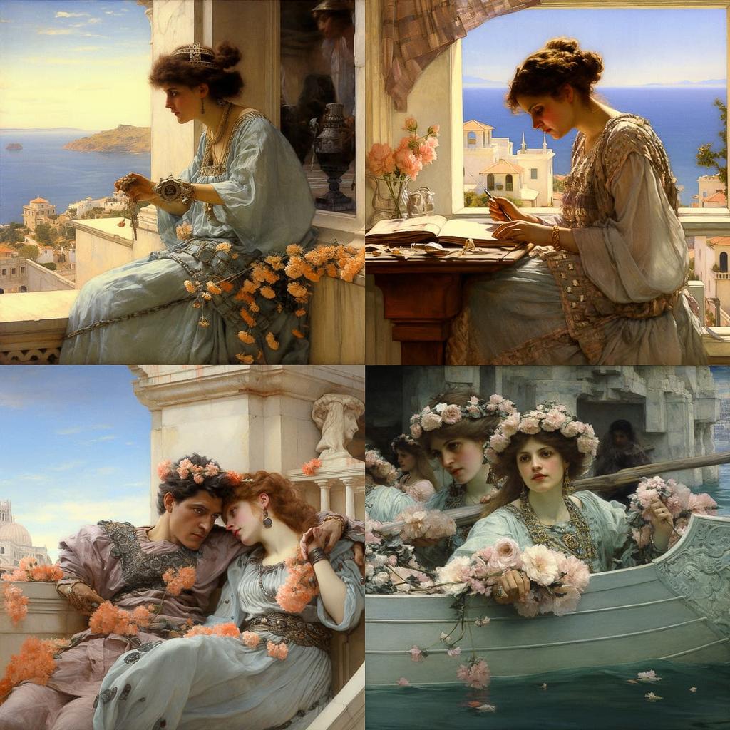 Lawrence Alma-Tadema style, Midjourney V5.2, render 1 of 4
