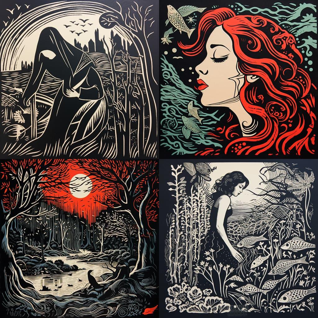 Linocut print style, Midjourney V5.2, render 1 of 4