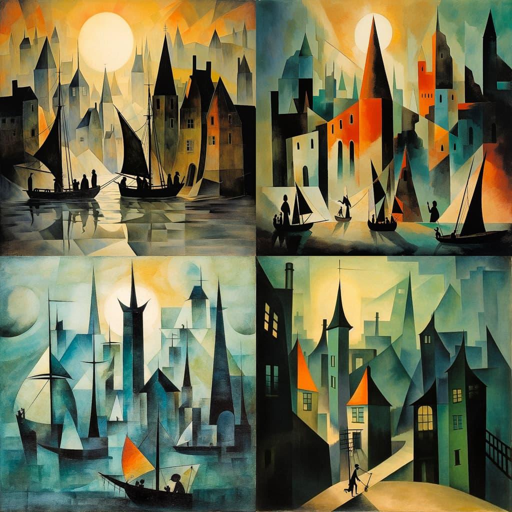 Lyonel Feininger style, Midjourney V5.2, render 1 of 4