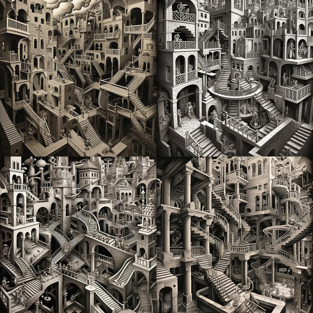 M. C. Escher style, Midjourney V5.2, render 1 of 4