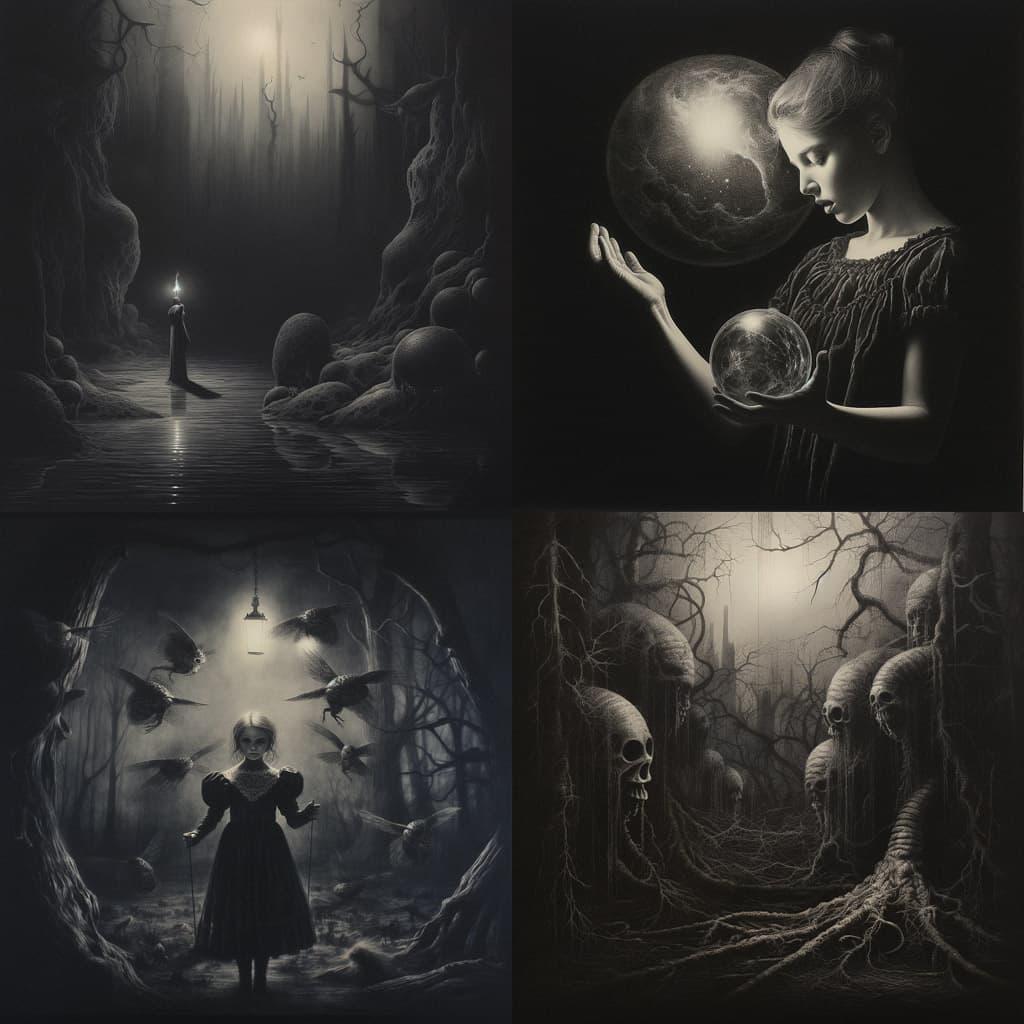 Mezzotint print style, Midjourney V5.2, render 1 of 4