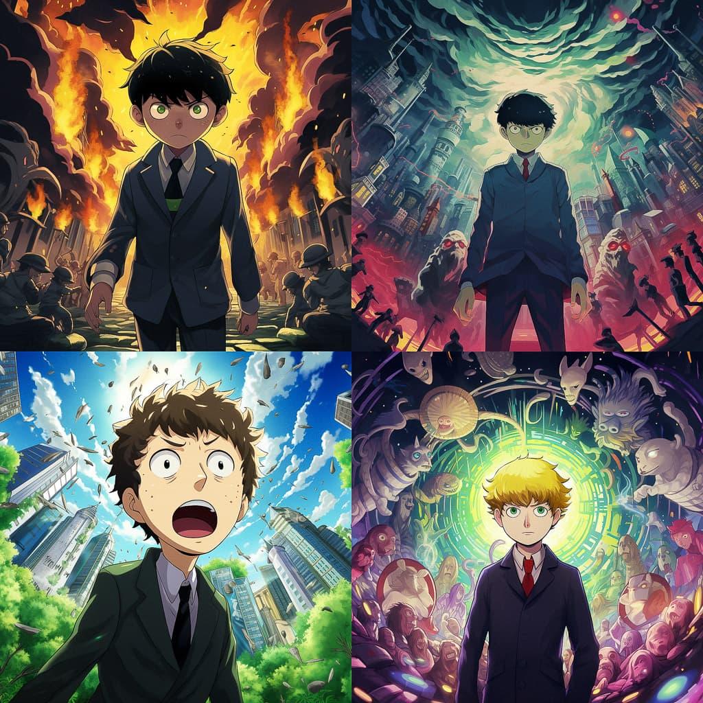 Mob Psycho 100 style, Midjourney V5.2, render 1 of 4