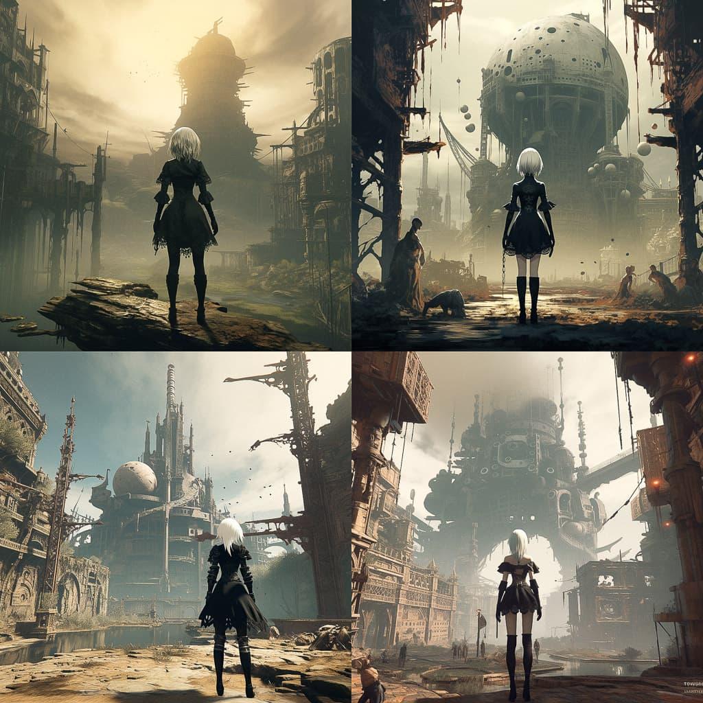 Nier Automata style, Midjourney V5.2, render 1 of 4