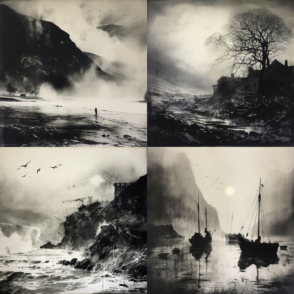 Norman Ackroyd style, Midjourney V5.2, render 1 of 4