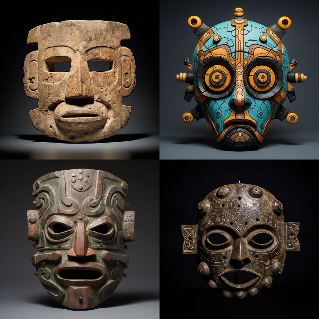 Nuragic mask style, Midjourney V5.2, render 1 of 4