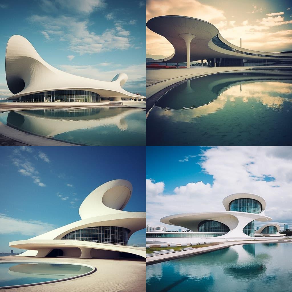 Oscar Niemeyer style, Midjourney V5.2, render 1 of 4