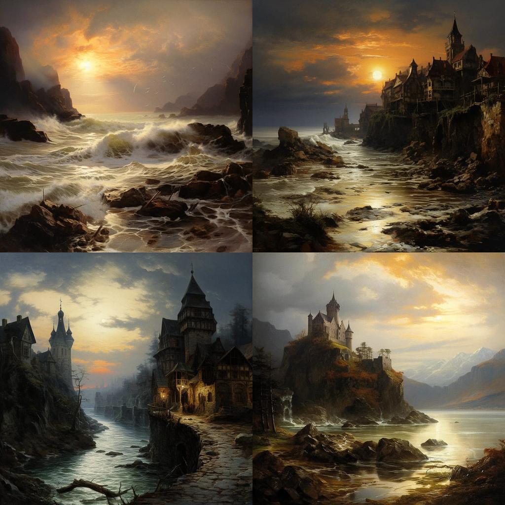 Oswald Achenbach style, Midjourney V5.2, render 1 of 4