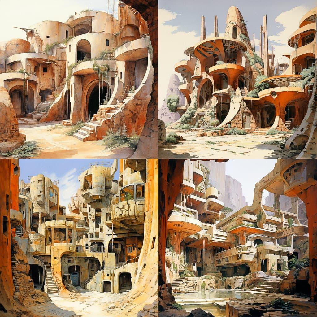 Paolo Soleri style, Midjourney V5.2, render 1 of 4