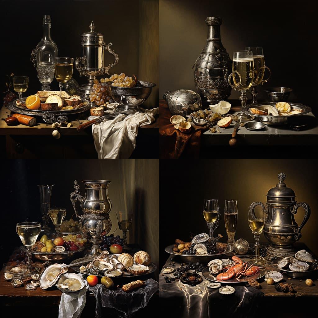 Pieter Claesz style, Midjourney V5.2, render 1 of 4