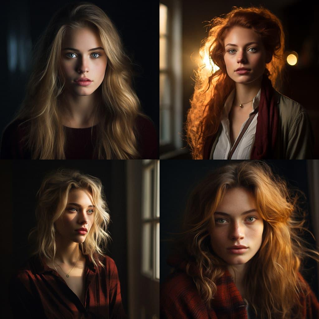 Portrait shot with contrasty lighting style, Midjourney V5.2, render 1 of 4