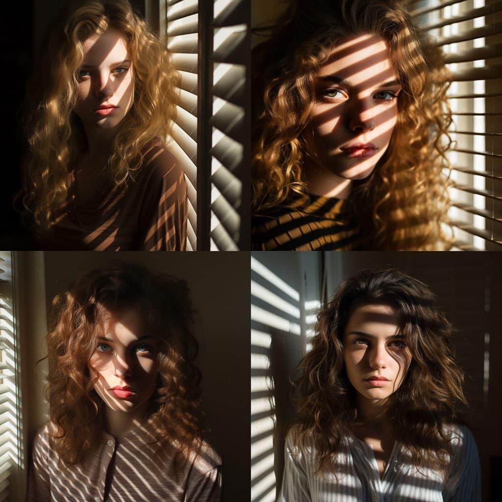Portrait shot with light and shadow from window blinds style, Midjourney V5.2, render 1 of 4