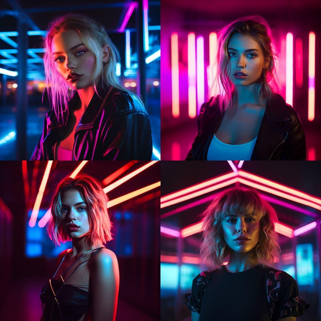 Portrait shot with neon lighting style, Midjourney V5.2, render 1 of 4
