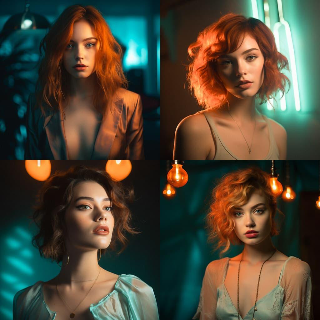 Portrait shot with peach and cyan lighting style, Midjourney V5.2, render 1 of 4