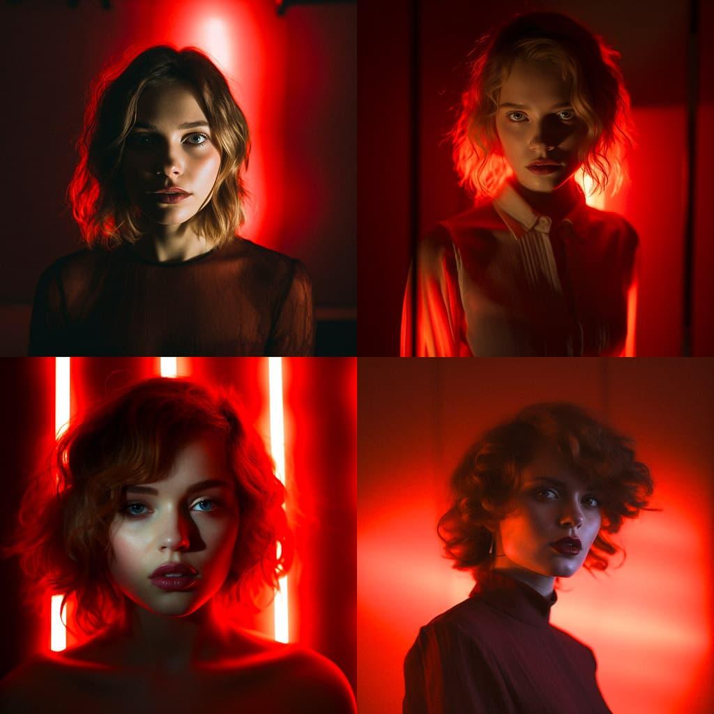 Portrait shot with red light style, Midjourney V5.2, render 1 of 4