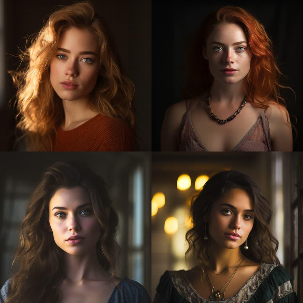 Portrait shot with top lighting style, Midjourney V5.2, render 1 of 4