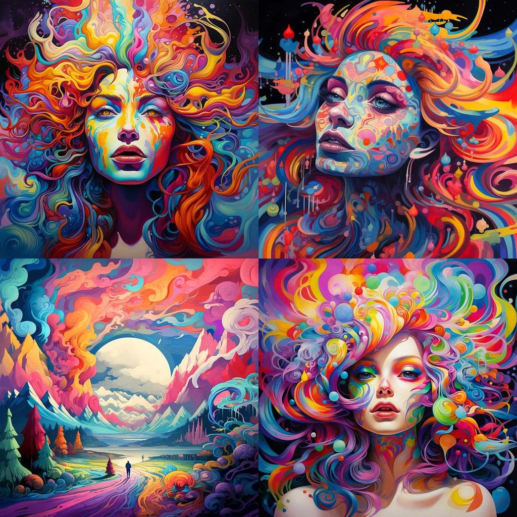 Psychedelic colors style, Midjourney V5.2, render 1 of 4