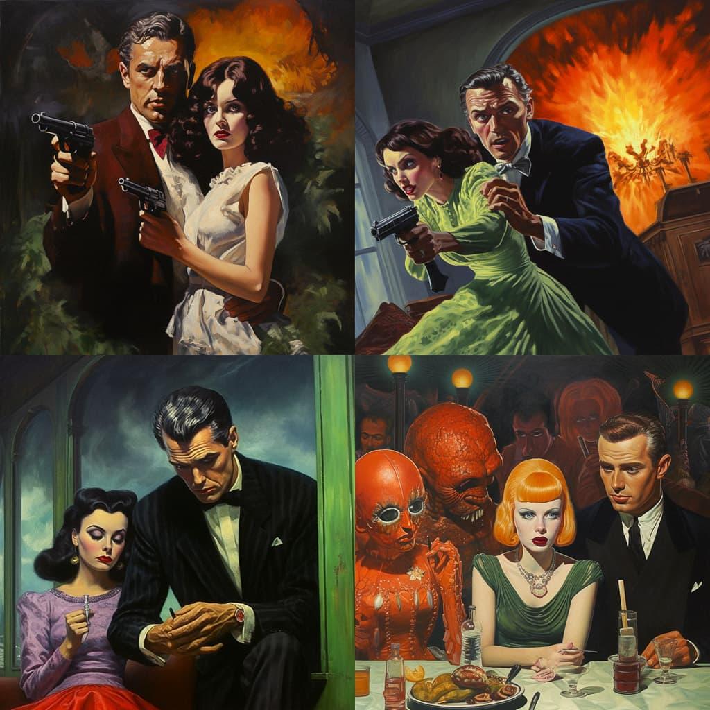 Pulp art style, Midjourney V5.2, render 1 of 4
