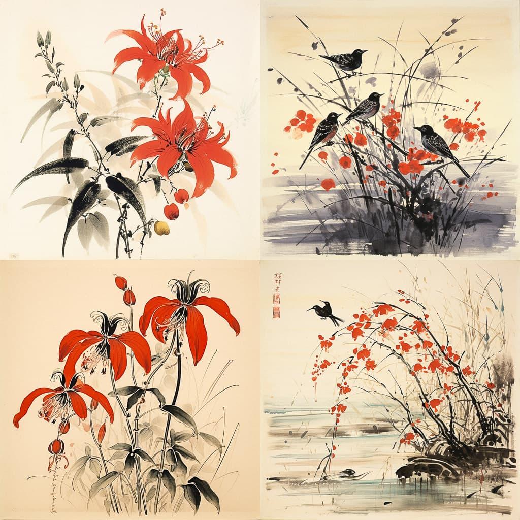 Qi Baishi style, Midjourney V5.2, render 1 of 4