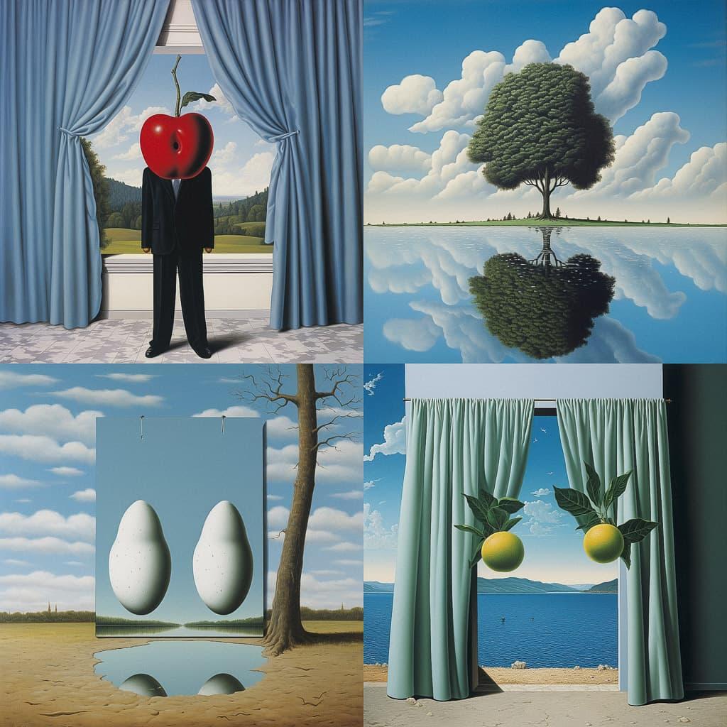 Rene Magritte style, Midjourney V5.2, render 1 of 4