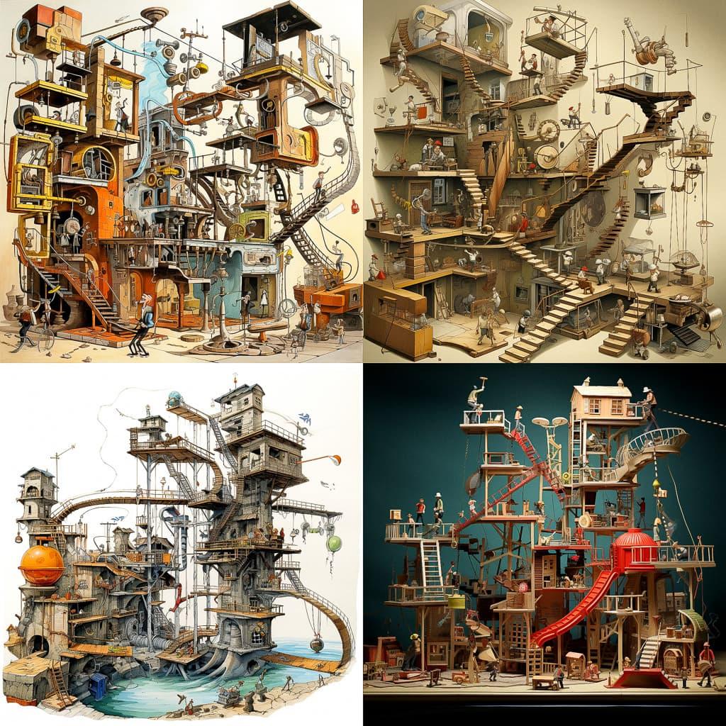 Rube Goldberg style, Midjourney V5.2, render 1 of 4