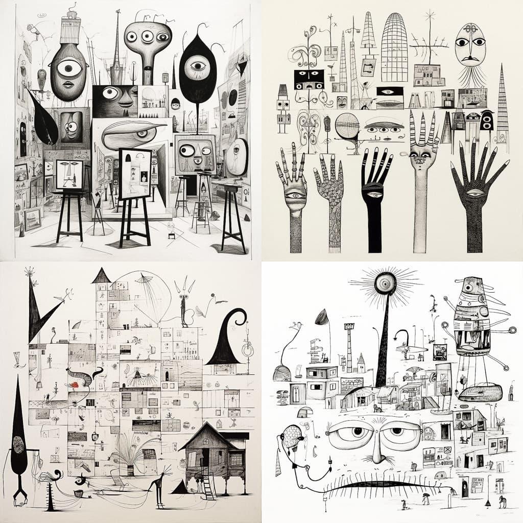 Saul Steinberg style, Midjourney V5.2, render 1 of 4
