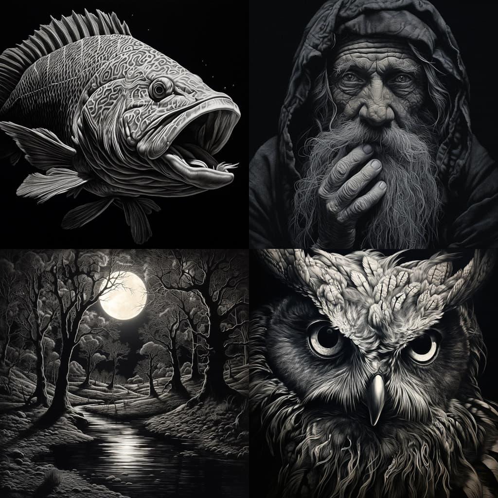 Scratchboard art style, Midjourney V5.2, render 1 of 4