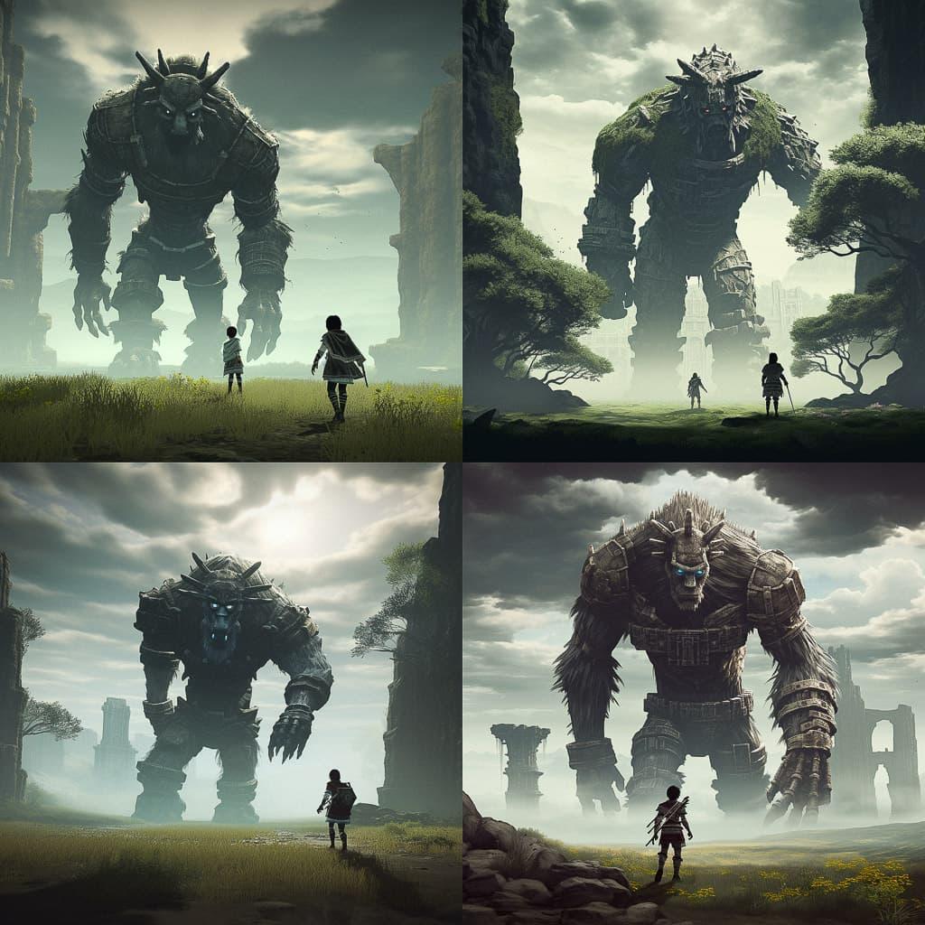 Shadow of the Colossus style, Midjourney V5.2, render 1 of 4