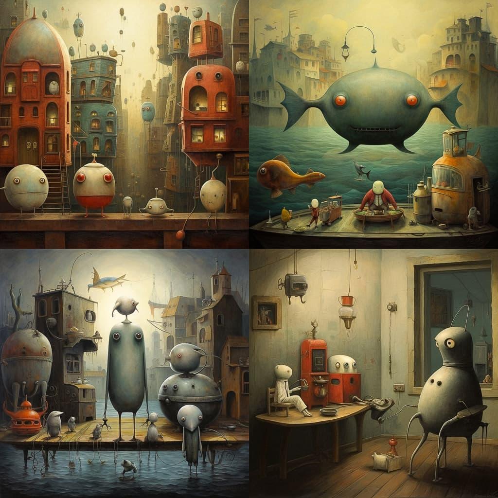Shaun Tan style, Midjourney V5.2, render 1 of 4