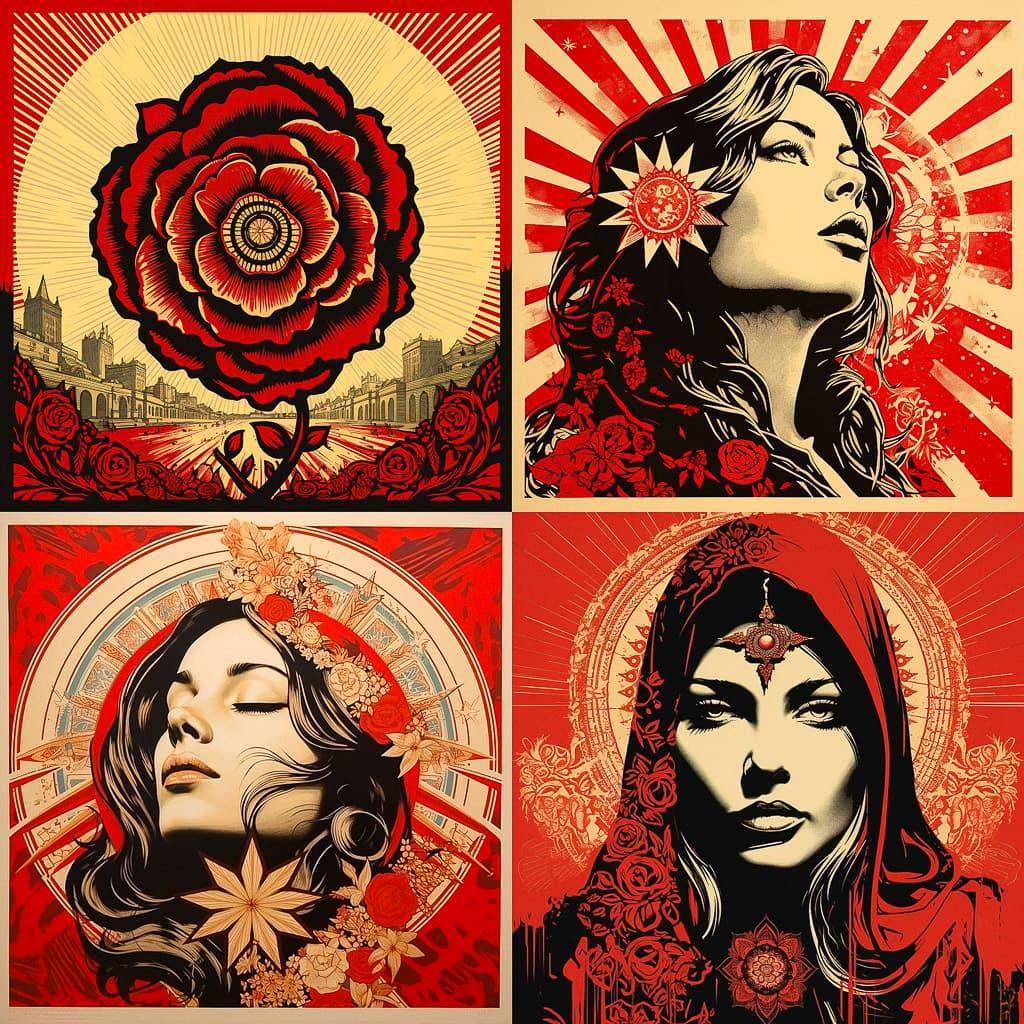 Shepard Fairey style, Midjourney V5.2, render 1 of 4