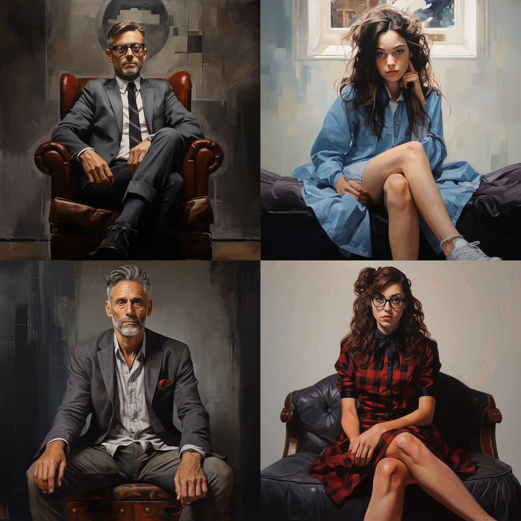 Sitting portrait style, Midjourney V5.2, render 1 of 4
