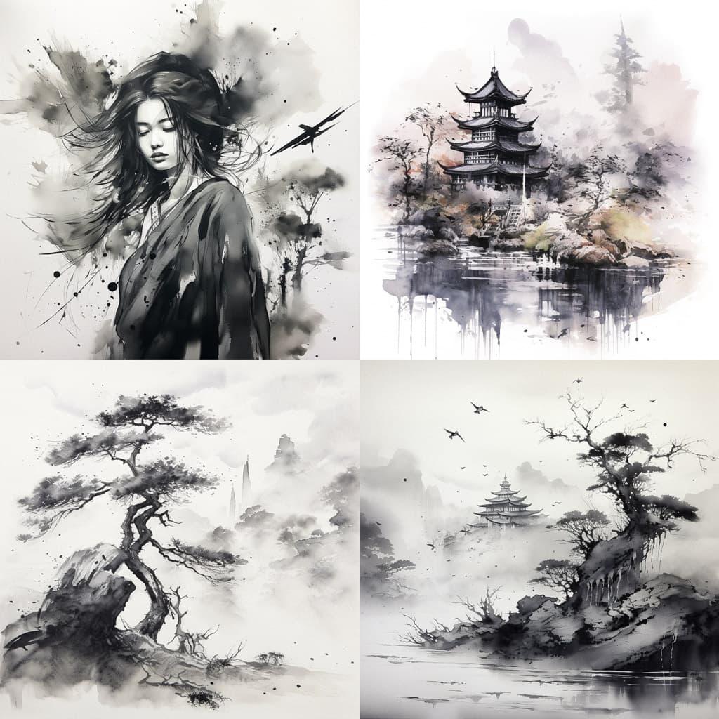 Sumi-e drawing style, Midjourney V5.2, render 1 of 4