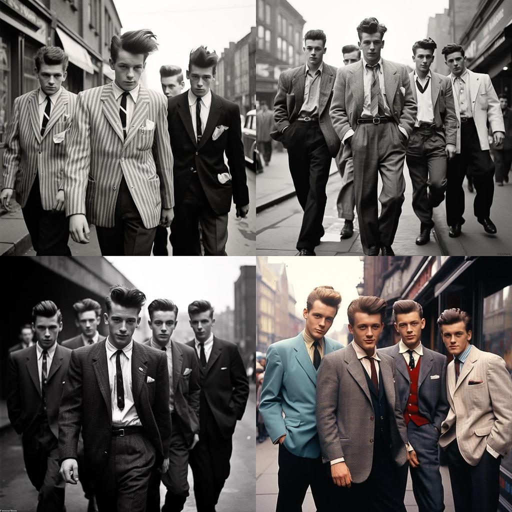 Teddy Boys fashion style, Midjourney V5.2, render 1 of 4