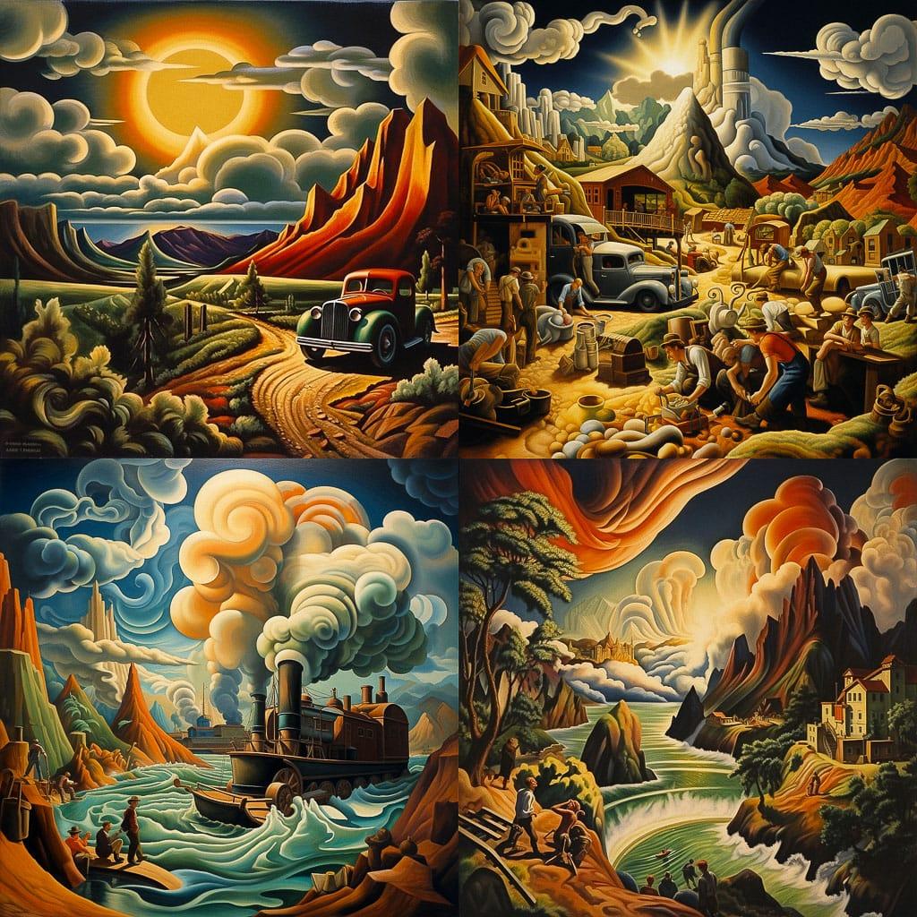 Thomas Hart Benton style, Midjourney V5.2, render 1 of 4