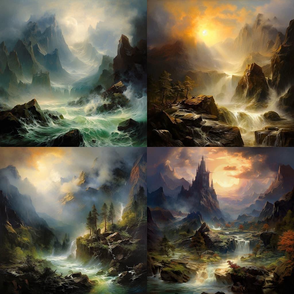 Thomas Moran style, Midjourney V5.2, render 1 of 4