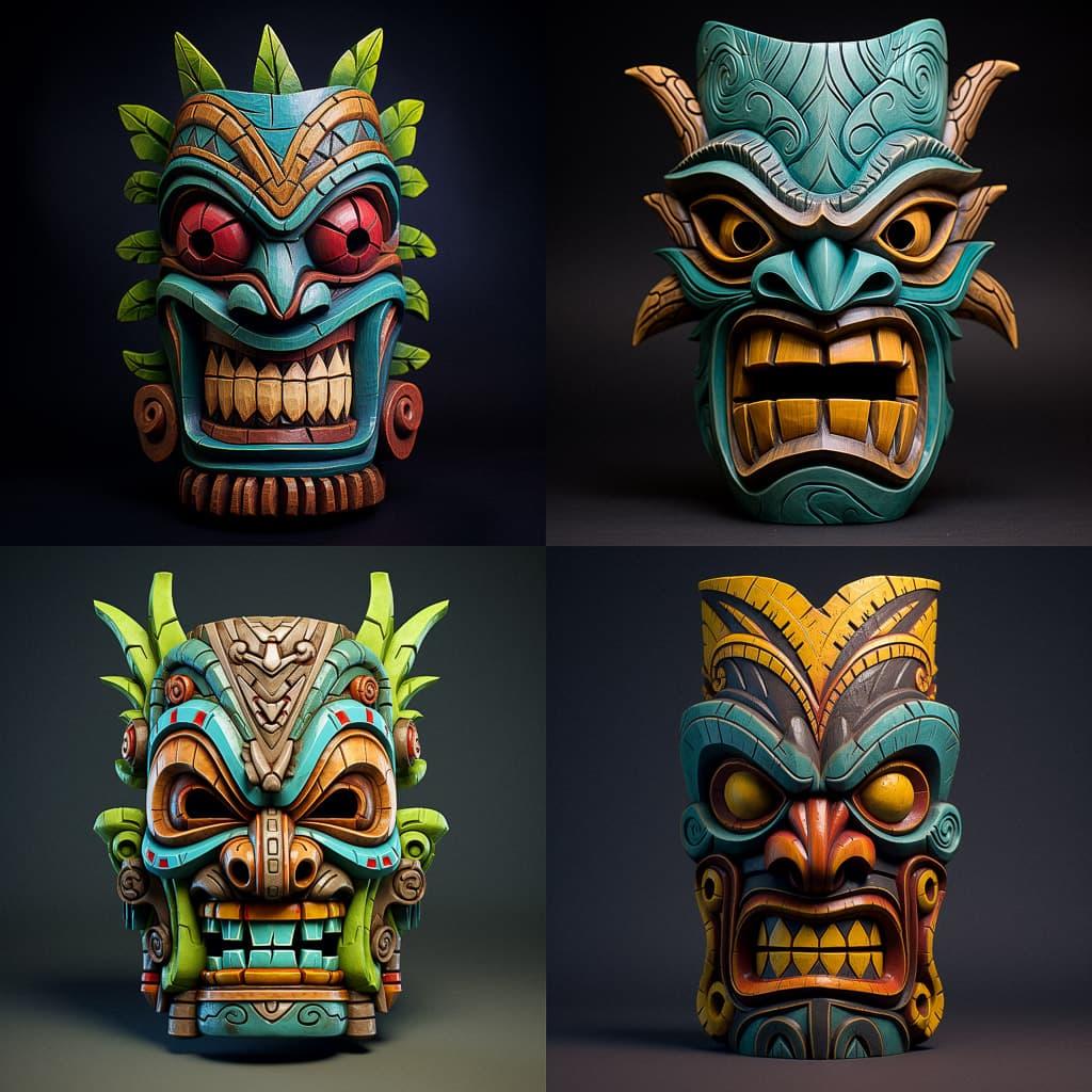 Tiki mask style, Midjourney V5.2, render 1 of 4