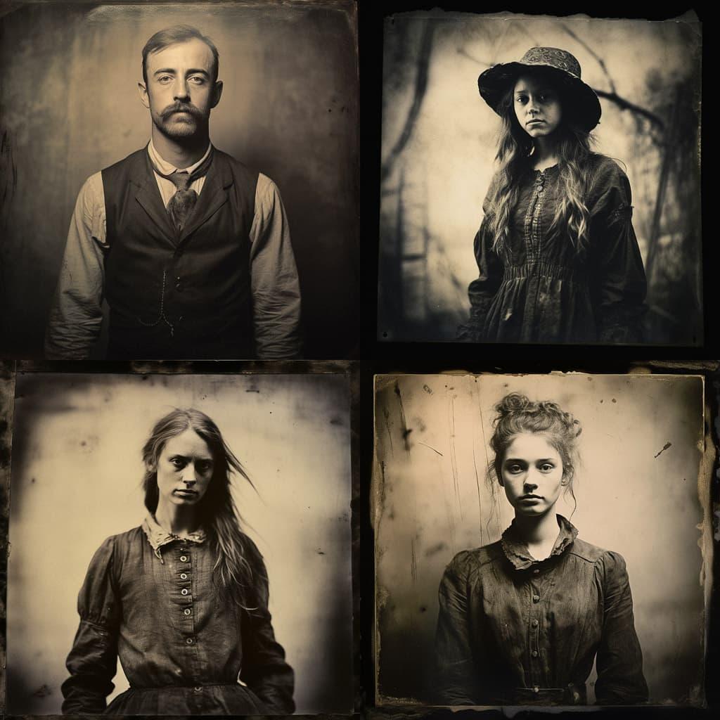 Tintype print style, Midjourney V5.2, render 1 of 4