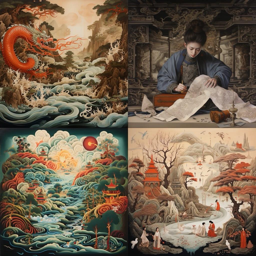 Traditional Scroll Painting style, Midjourney V5.2, render 1 of 4