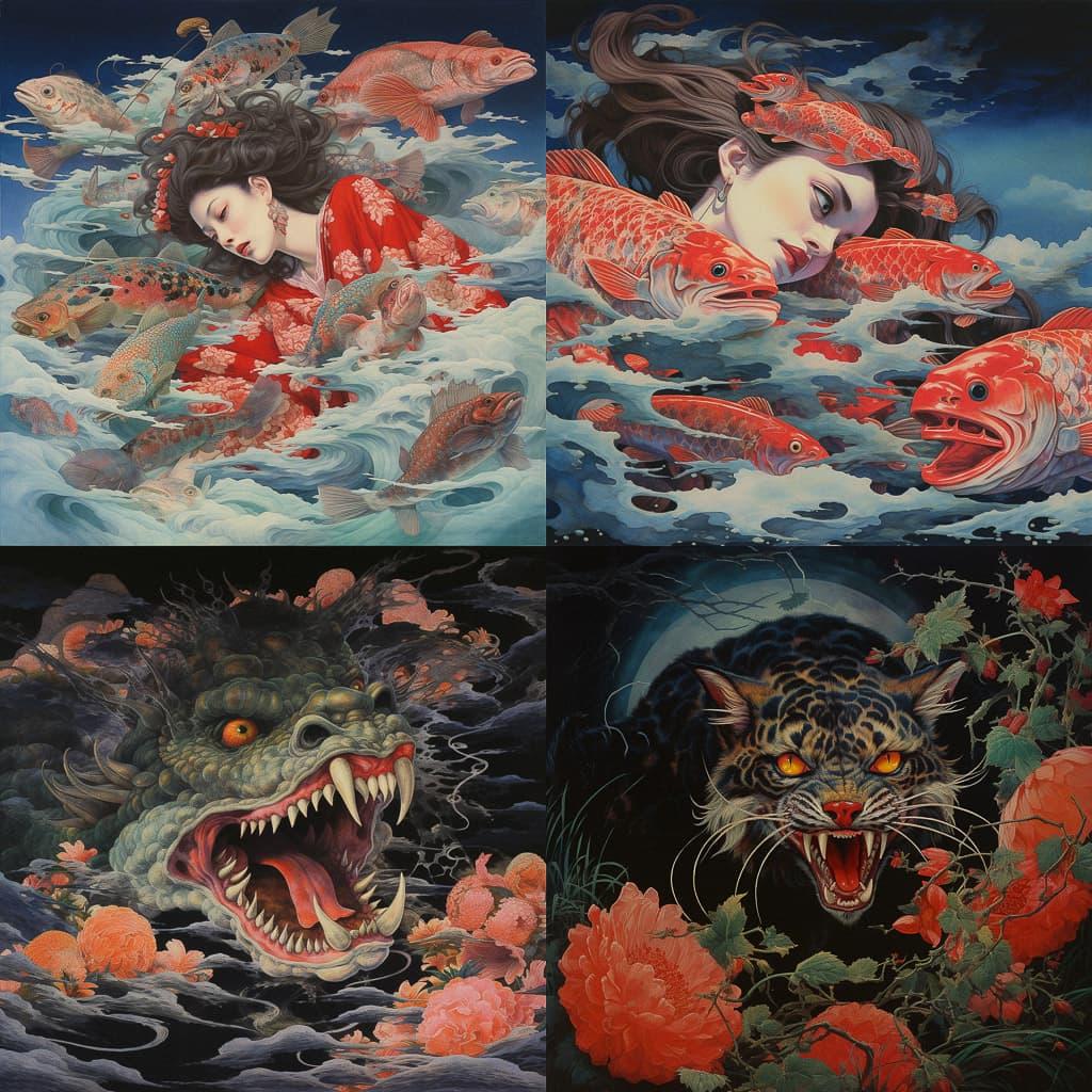 Tsukioka Yoshitoshi style, Midjourney V5.2, render 1 of 4