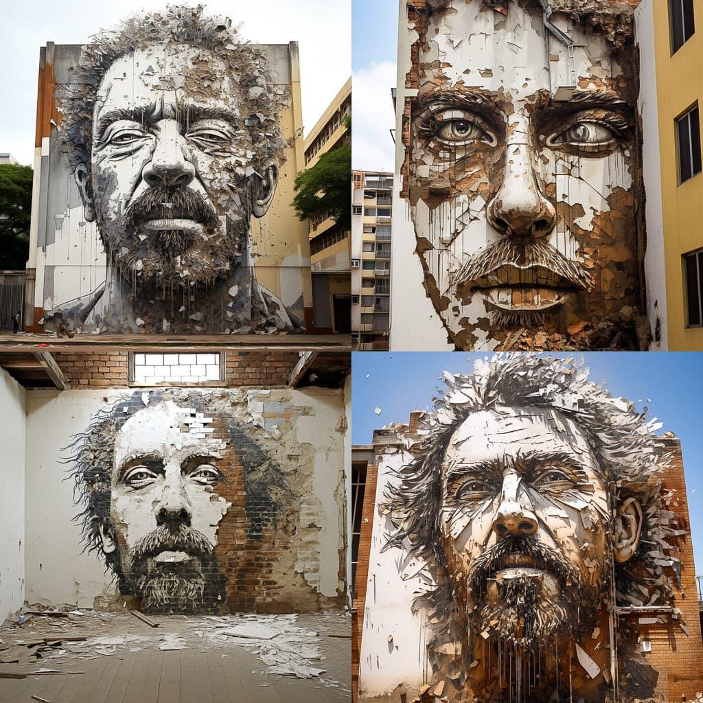 Vhils style, Midjourney V5.2, render 1 of 4