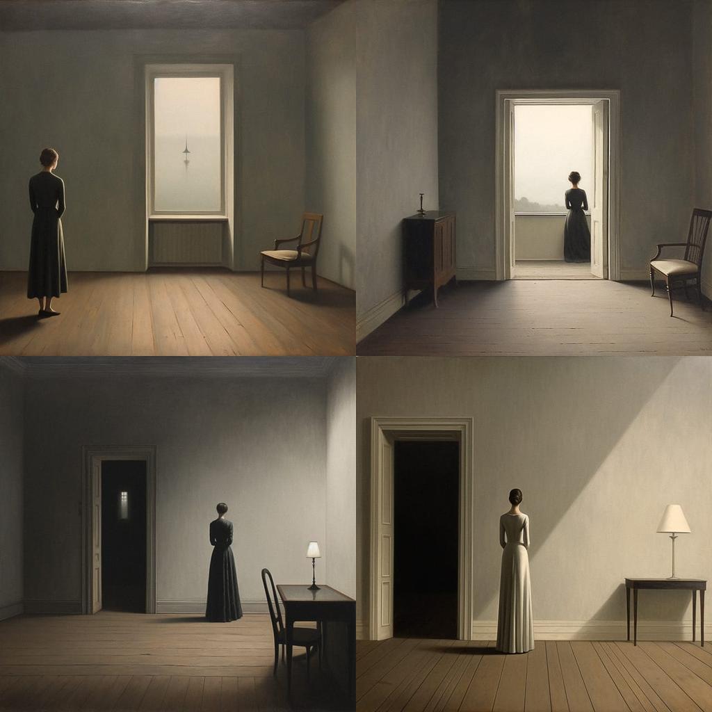 Vilhelm Hammershoi style, Midjourney V5.2, render 1 of 4