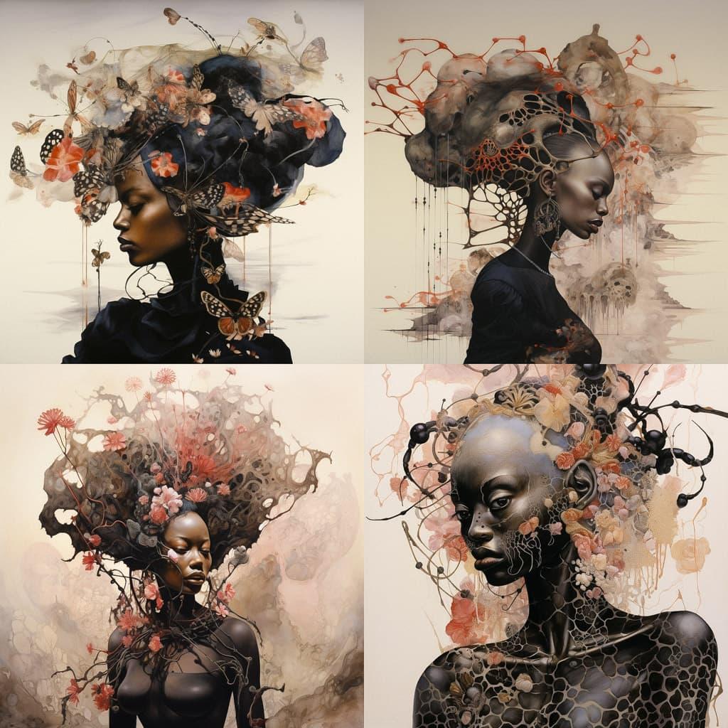 Wangechi Mutu style, Midjourney V5.2, render 1 of 4