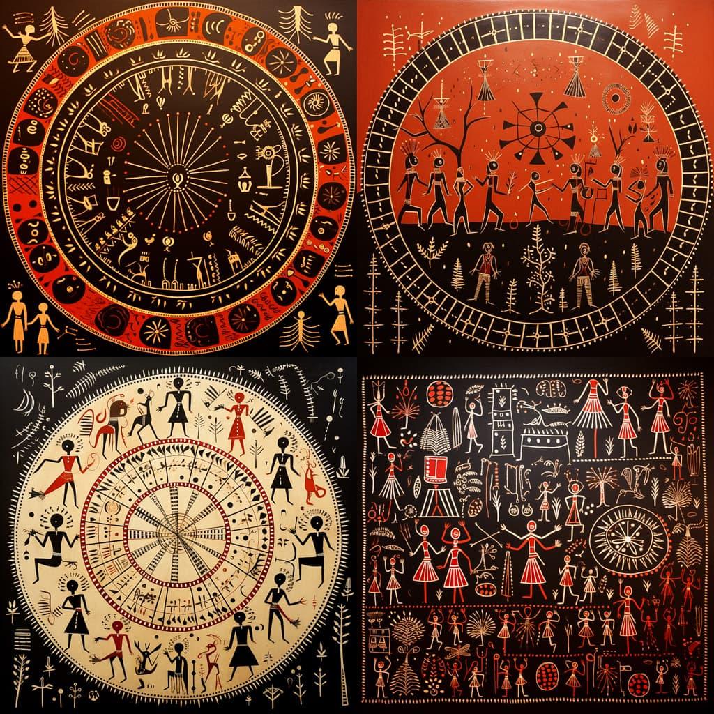Warli painting style, Midjourney V5.2, render 1 of 4
