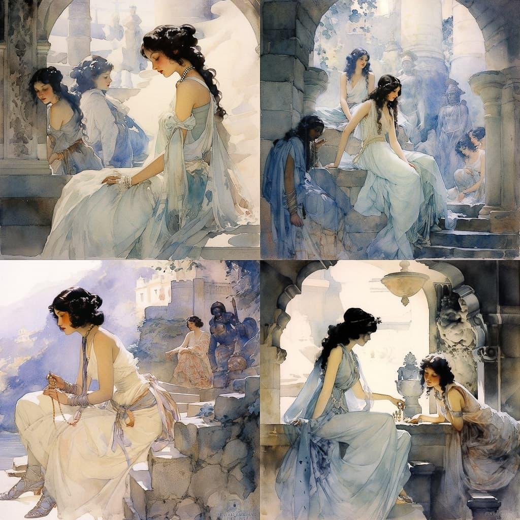 William Russell Flint style, Midjourney V5.2, render 1 of 4
