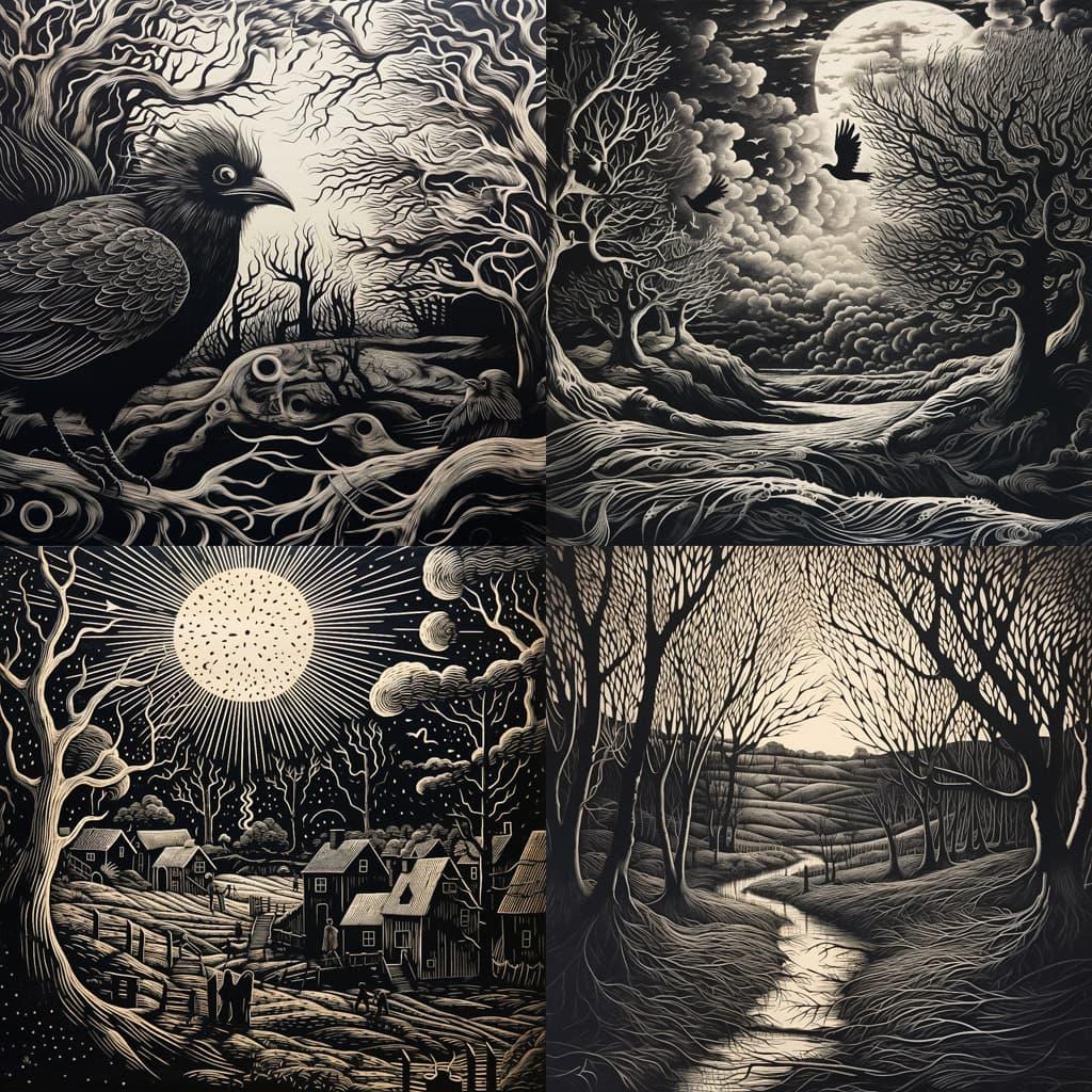 Wood engraving style, Midjourney V5.2, render 1 of 4