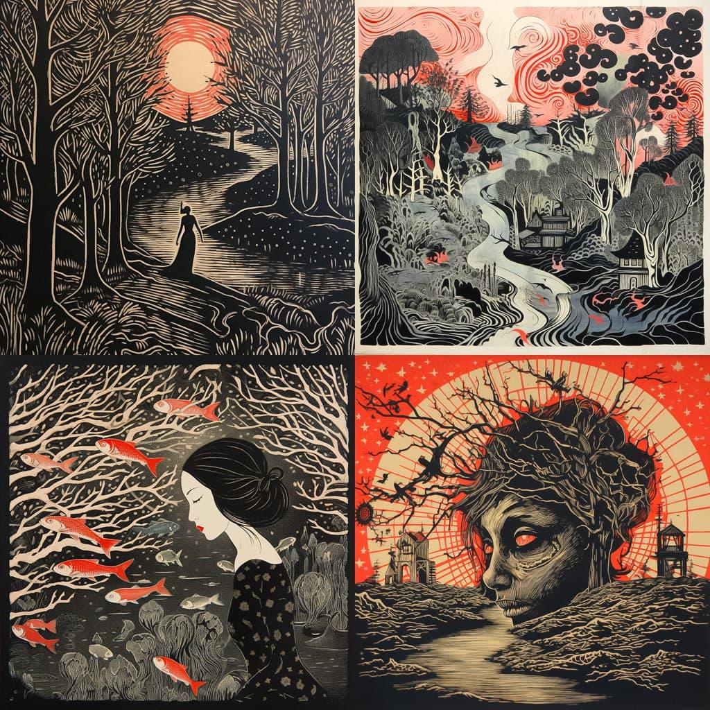 Woodblock print style, Midjourney V5.2, render 1 of 4