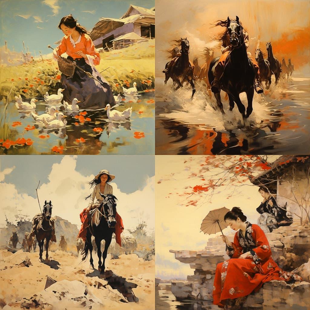 Xu Beihong style, Midjourney V5.2, render 1 of 4