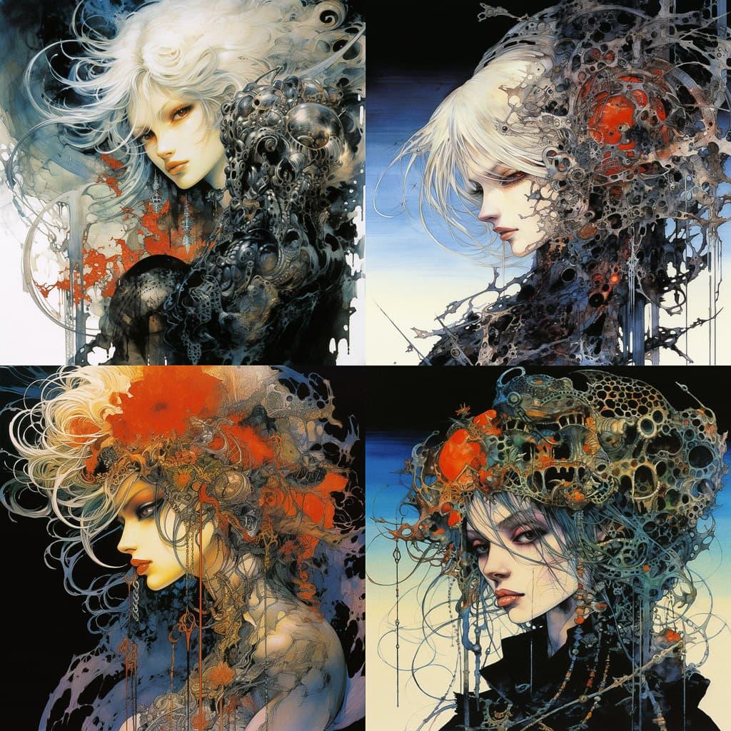 Yoshitaka Amano style, Midjourney V5.2, render 1 of 4